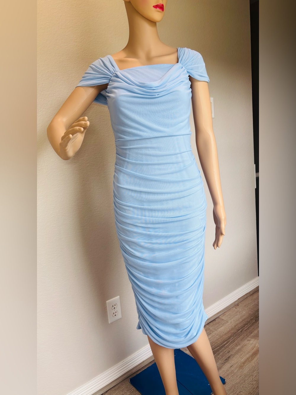 SHEIN Light Blue Ruched Midi Dress Elegant size Large NWOT - Picture 3 of 12